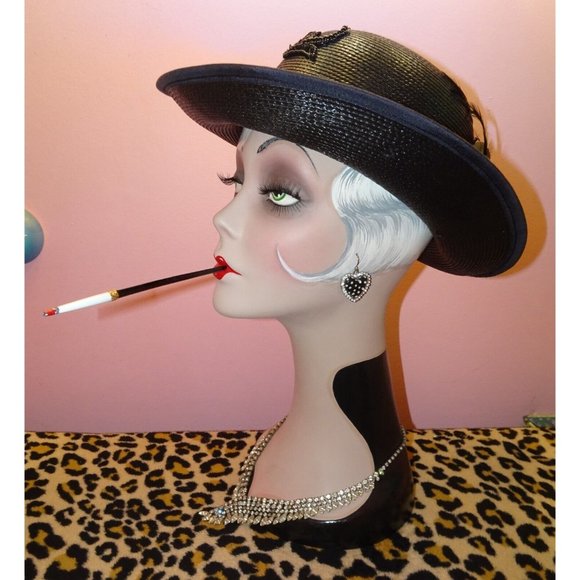 Vintage Black Church Hat with beads sequins feathers & flower goth pinup retro main image 15